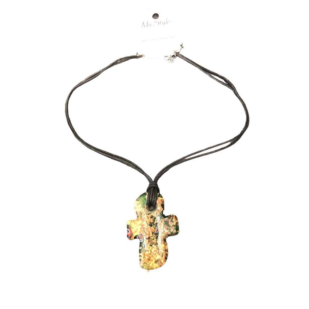 Murano Cross Pendant Necklace with Black Chord Woen's Gold/Green